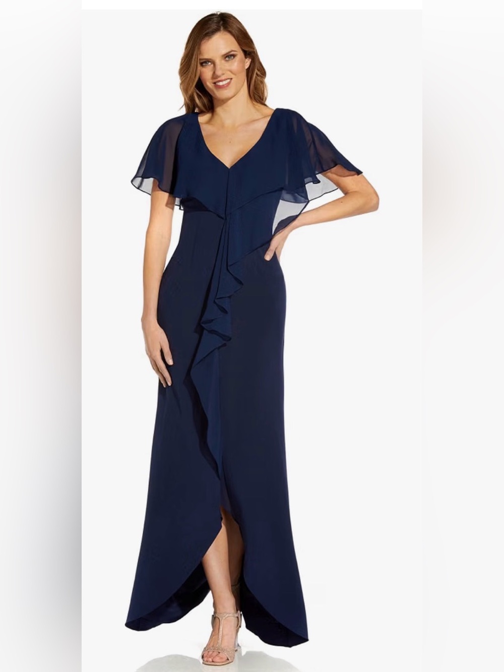 Adrianna Papell Navy Chiffon & Crepe Cascade Mermaid Gown | NWT | Size 4